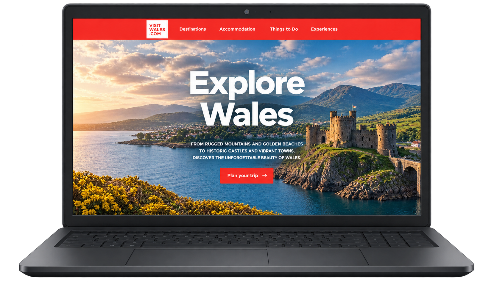 Destination microsite shown on a laptop